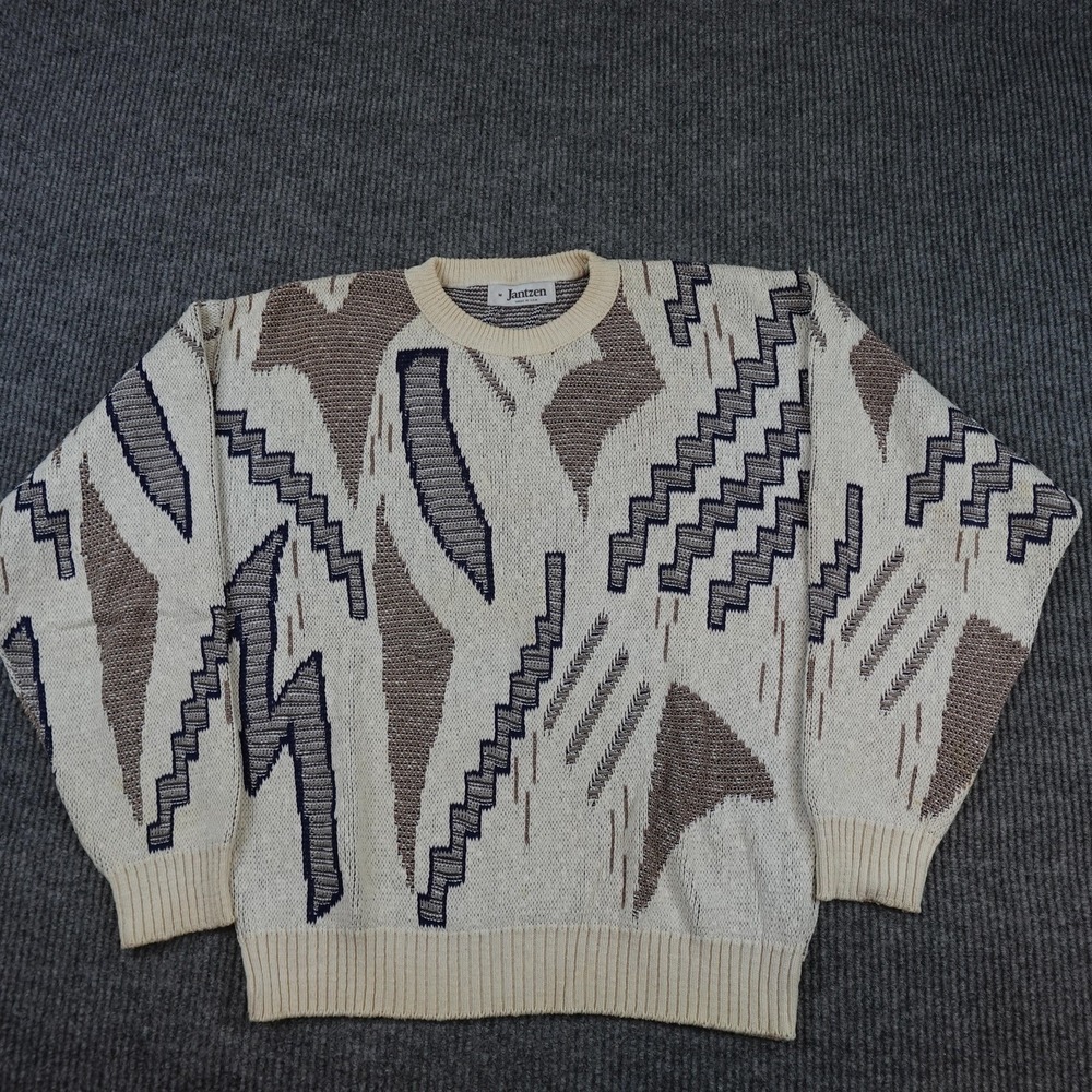 Vintage Jantzen Sweater Mens Medium Beige Geometric Knit Crewneck Pullover USA